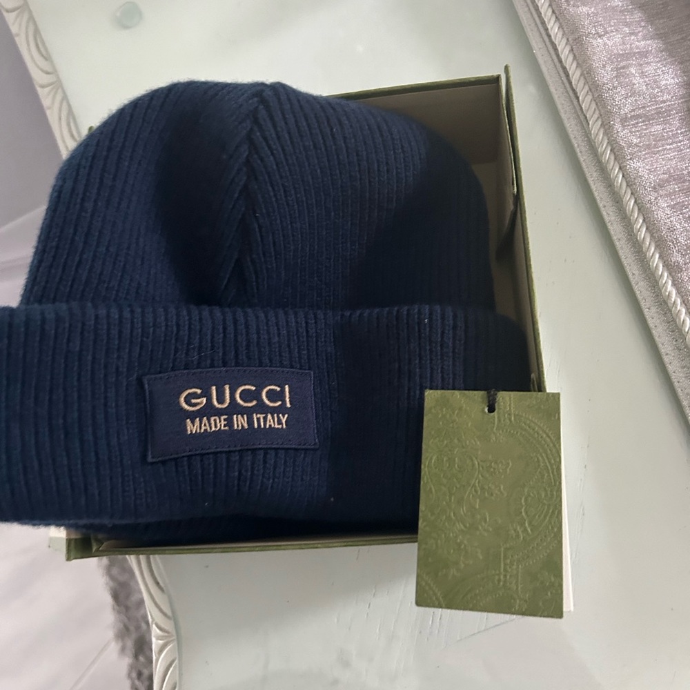 Gucci Dark Blue Ribbed Knit Beanie